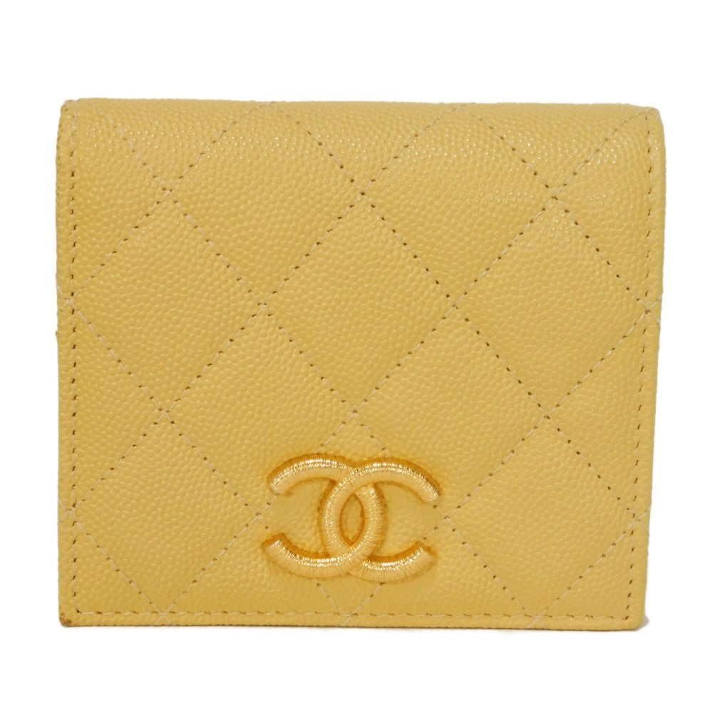 CHANEL Bifold Wallet AP3519 Grained shiny calfskin (embossed) Light yellow x light purple COCO Mark Small flap wallet Women Used