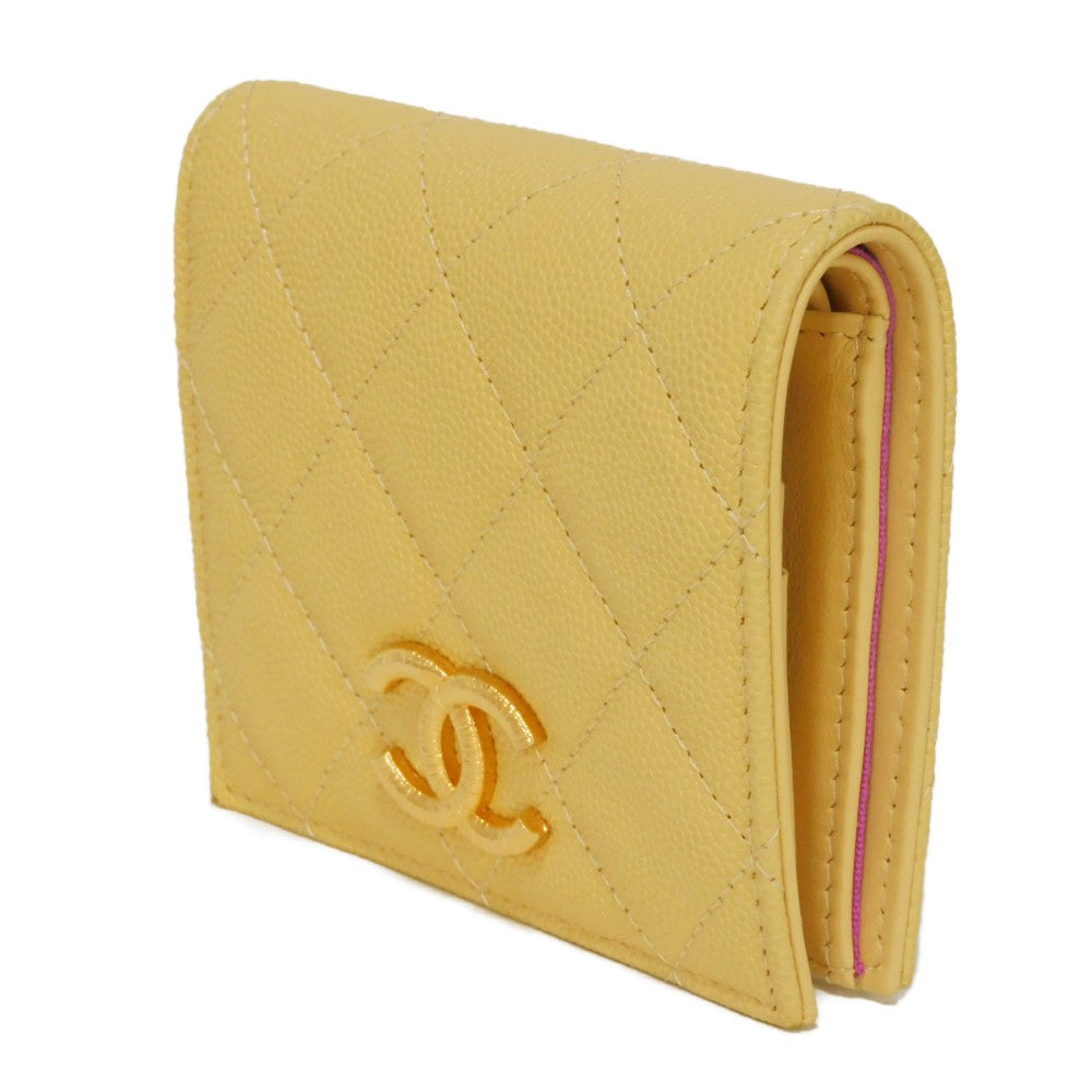 CHANEL Bifold Wallet AP3519 Grained shiny calfskin (embossed) Light yellow x light purple COCO Mark Small flap wallet Women Used