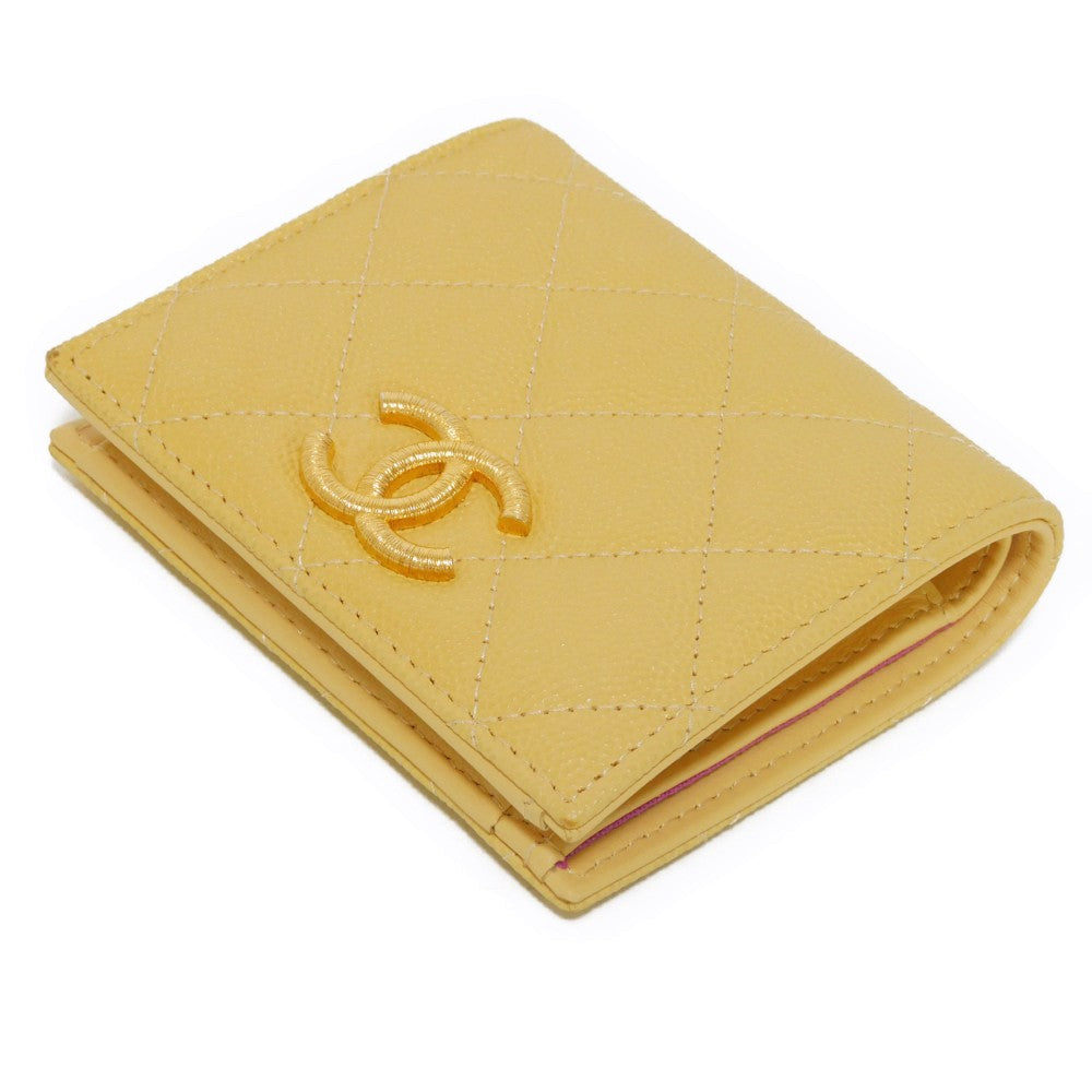 CHANEL Bifold Wallet AP3519 Grained shiny calfskin (embossed) Light yellow x light purple COCO Mark Small flap wallet Women Used