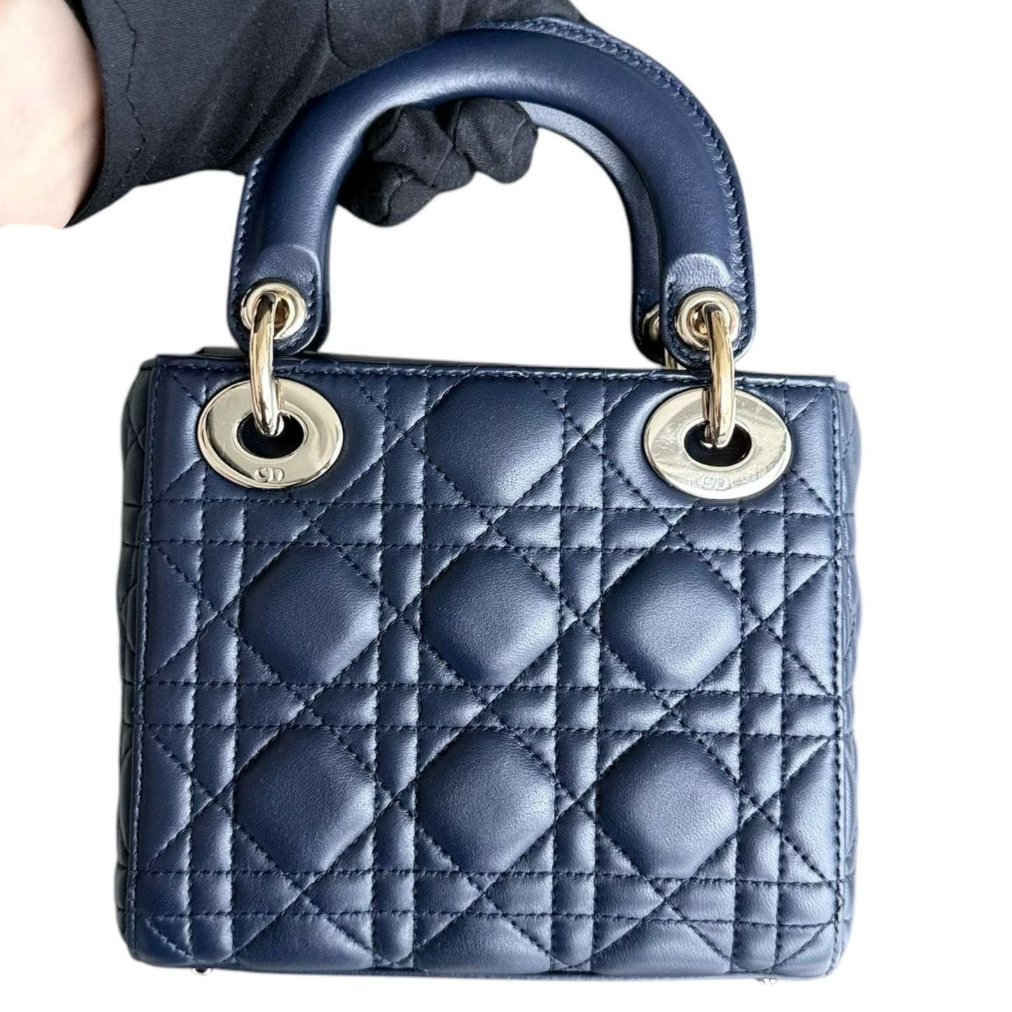 Dior Navy Black Cannage Leather Mini Lady Dior Chain Tote Bag