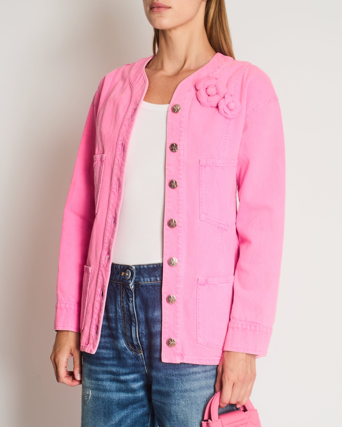 *HOT* Chanel 21S Hot Pink Denim Jacket with Detachable Camelia Pin Detail Size FR 34 (UK 6)