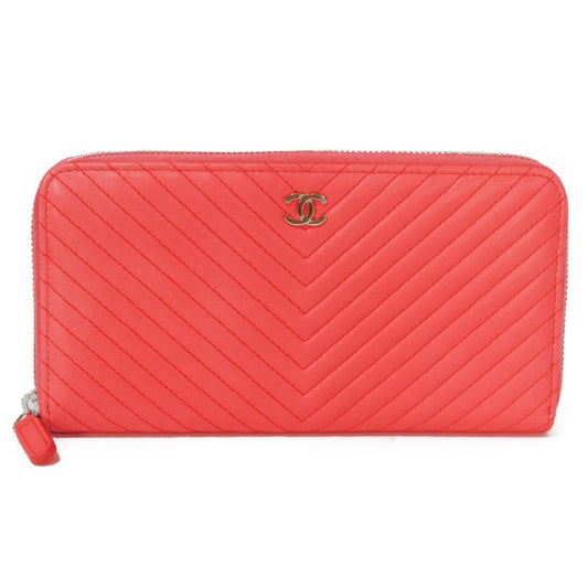 CHANEL Long Wallet Purse A50097 lambskin Coral pink COCO Mark Chevron Long Zip Wallet Women Used