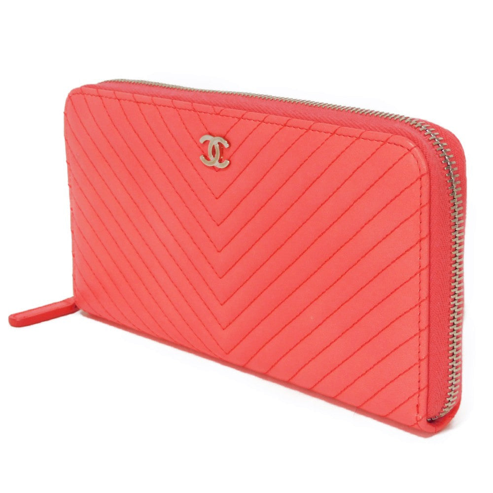 CHANEL Long Wallet Purse A50097 lambskin Coral pink COCO Mark Chevron Long Zip Wallet Women Used