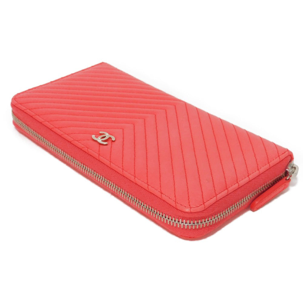 CHANEL Long Wallet Purse A50097 lambskin Coral pink COCO Mark Chevron Long Zip Wallet Women Used