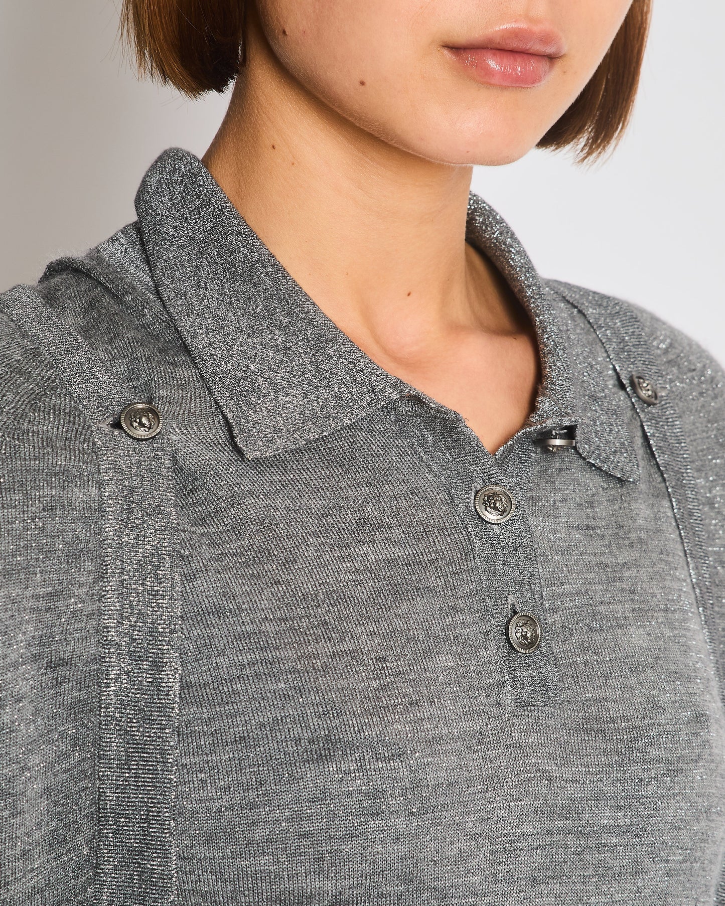 Chanel 08A Grey Two Piece Cashmere Detachable Top and Cardigan Set with Silver Metallic Details Size FR 40 (UK 12)