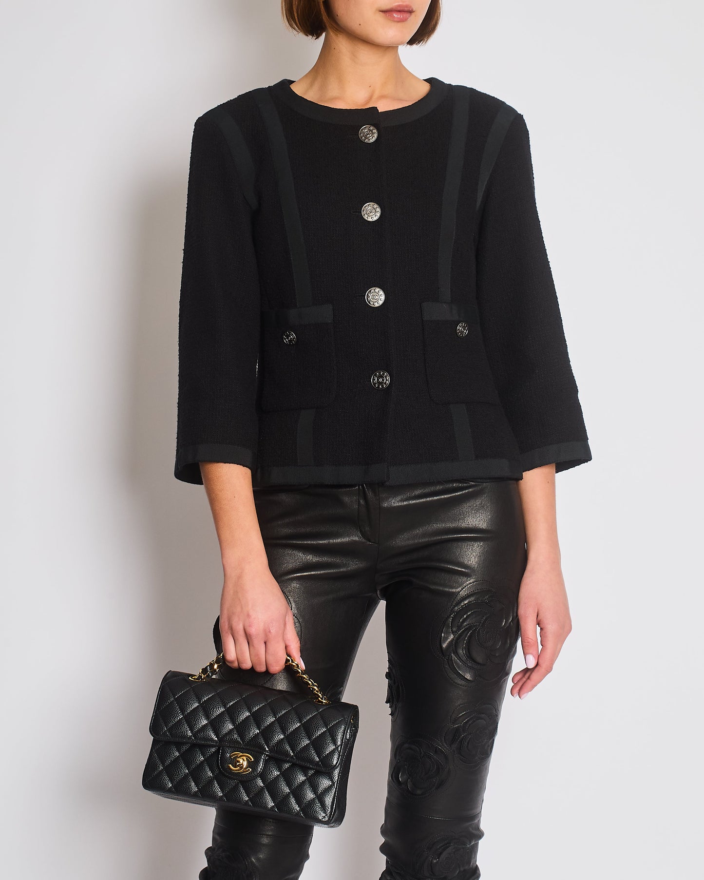 Chanel 13/P Black Vintage Tweed Jacket with Ribbed Fabric Trim Details and Silver CC Logo Star Buttons Size FR 38 (UK 10)