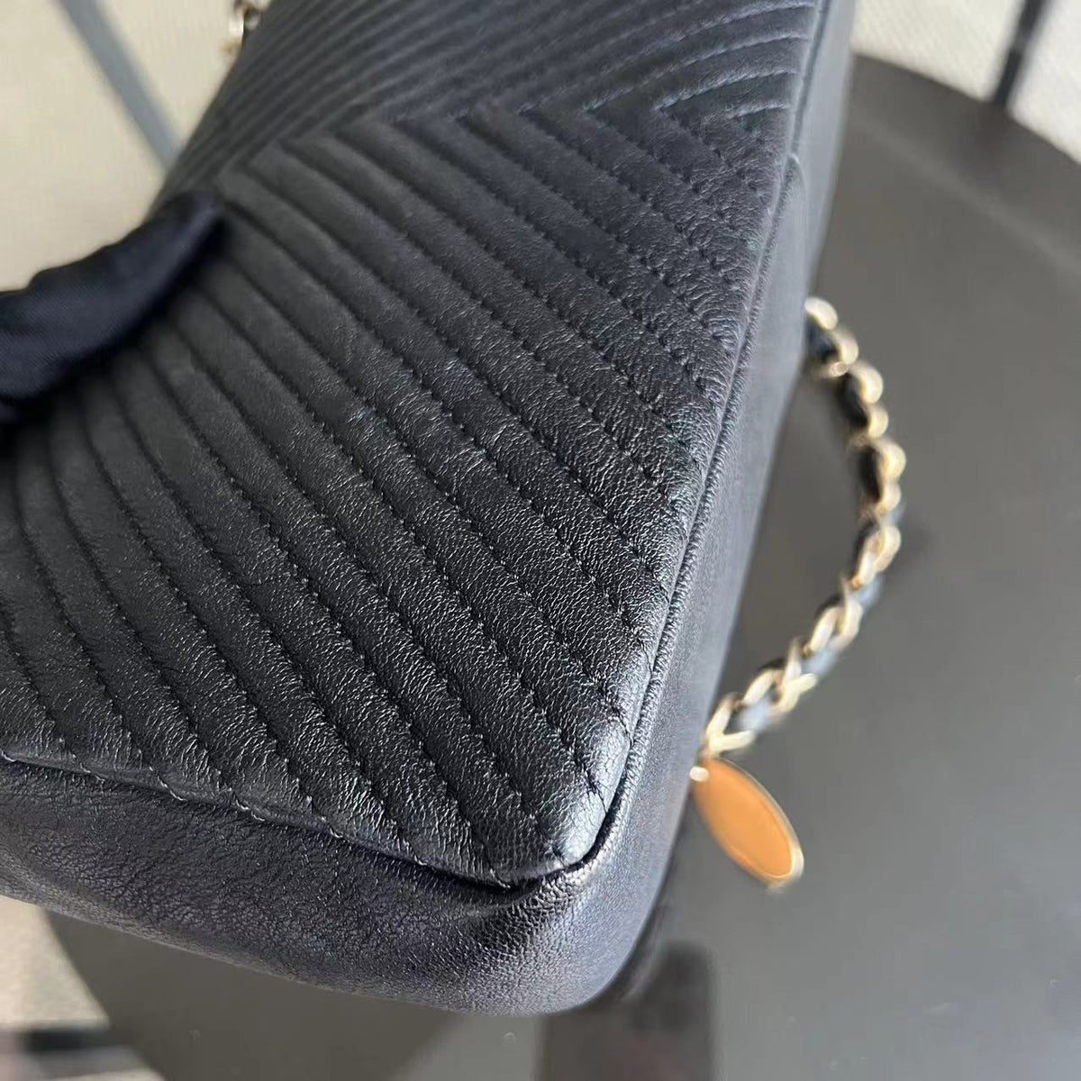 Seasonal Herringbone Medium Flap in Black Distressed Calfskin Aged Golden Hardware Series 21
