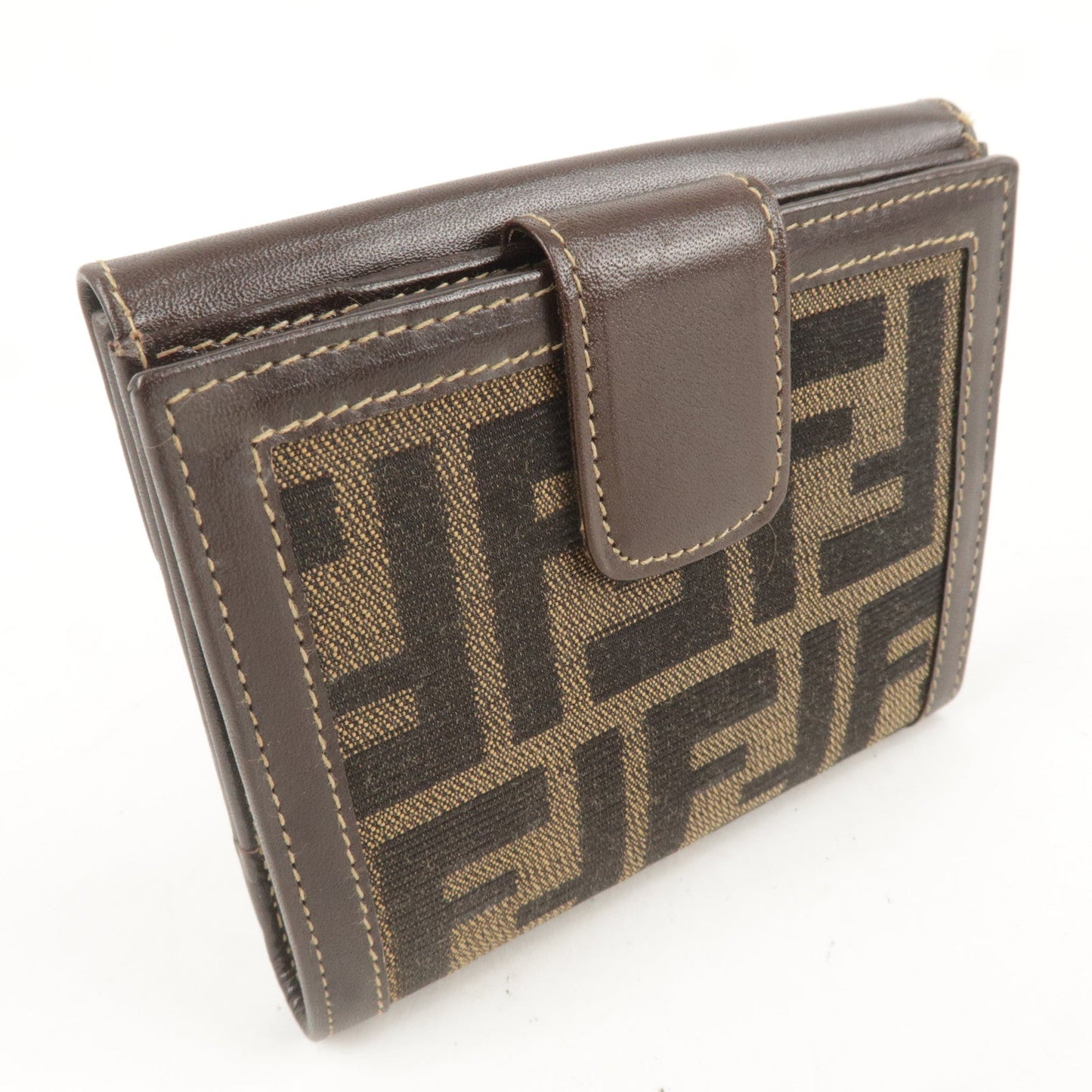 FENDI Zucca Canvas Leather Double Hook Wallet Brown Black 12671