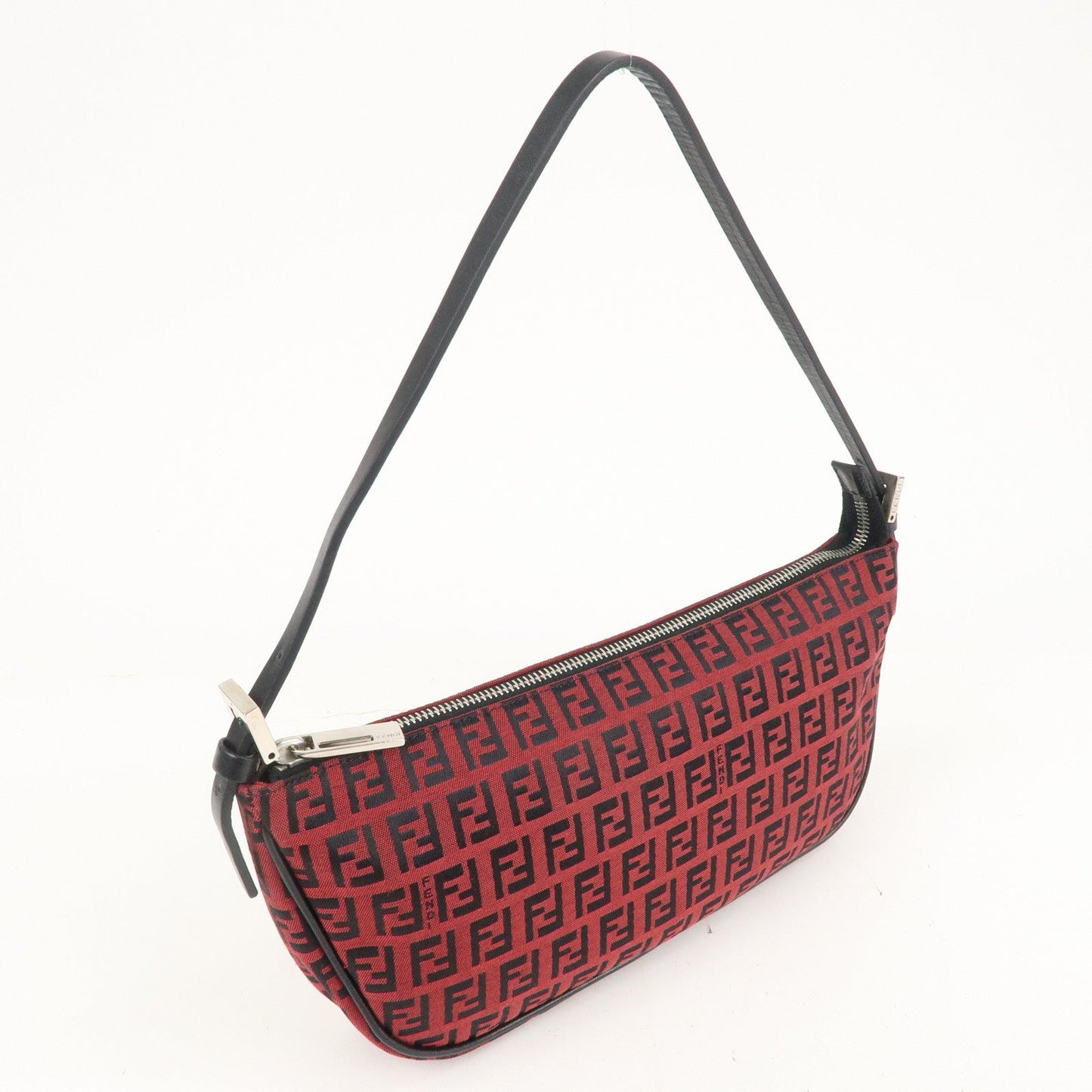 FENDI Zucchino Canvas Leather Shoulder Bag Red Black 8BR144