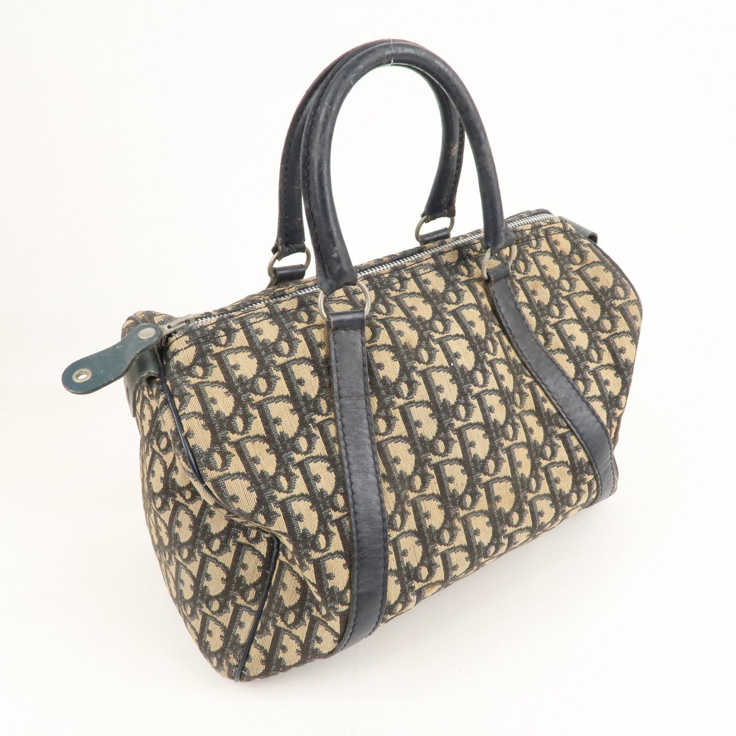 Christian Dior Trotter Canvas Leather Boston Bag Navy Beige