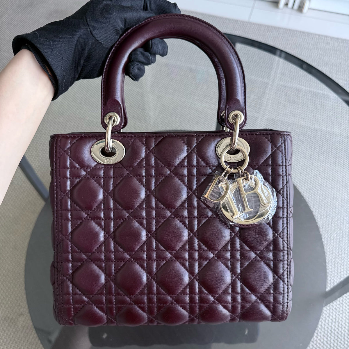 Dior Lady Medium - Cannage Lambskin Dark Burgundy Red Gold Hardware NO STRAP