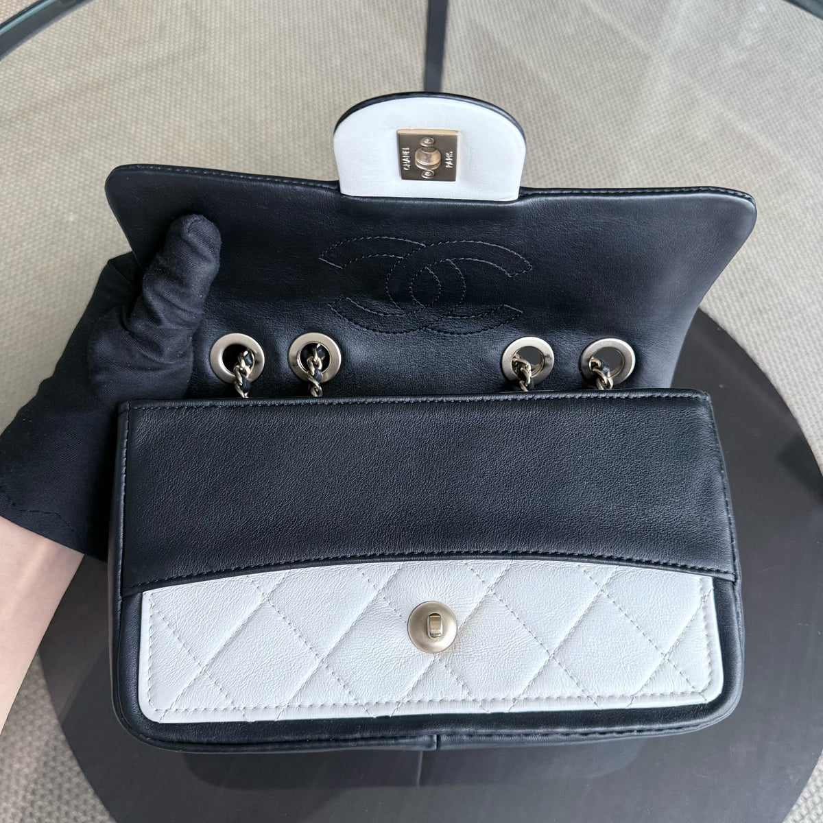 Chanel Seasonal Flap - 23CM Quilted Lambskin Bi-Color White Black Gold Hardware Series 19