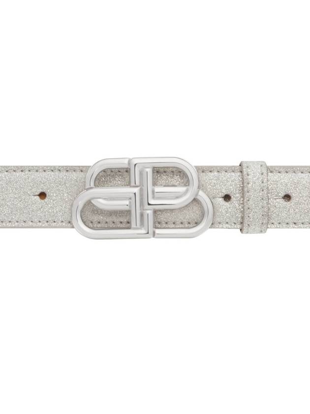 Luxury Balenciaga  BB Buckle Glitter Calf Leather Belt Silver