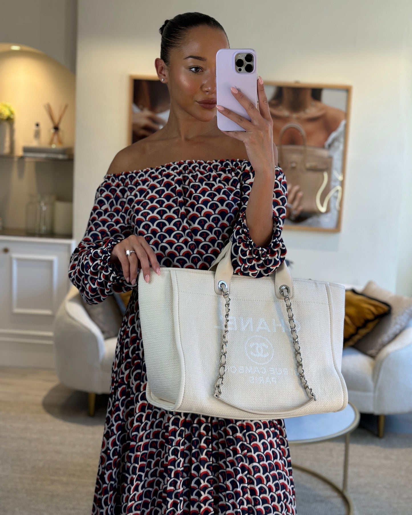 Chanel Large Cream Canvas Deauville Tote Bag with Silver Hardware