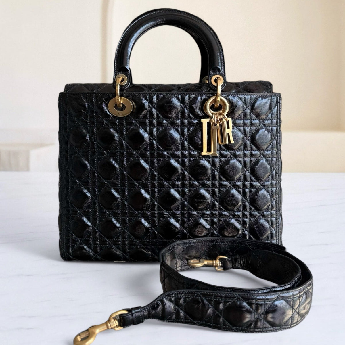 Dior Lady Large Flap - Canange Glazed Calfskin Black Gold Hardware