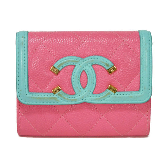 CHANEL Card Case Grained calfskin (embossed) Pink x pastel blue x pastel green CC Filigree Card Holder Women Used
