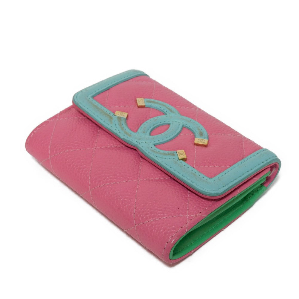 CHANEL Card Case Grained calfskin (embossed) Pink x pastel blue x pastel green CC Filigree Card Holder Women Used