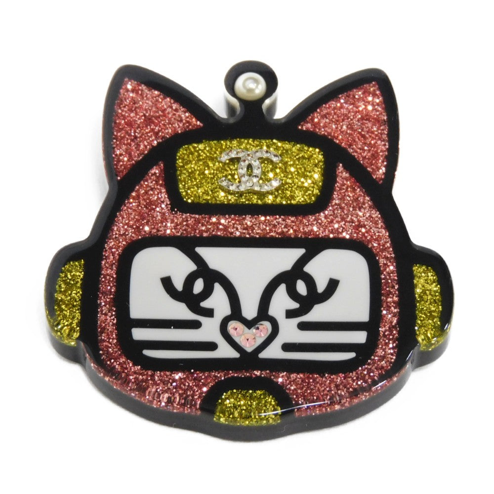 CHANEL Brooch Resin &amp; Strath Clear x Black x Pink x Yellow CC mark Glitter COCO Mark Cat Robot Women Used