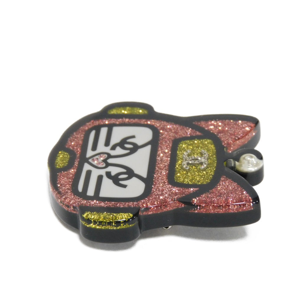 CHANEL Brooch Resin &amp; Strath Clear x Black x Pink x Yellow CC mark Glitter COCO Mark Cat Robot Women Used