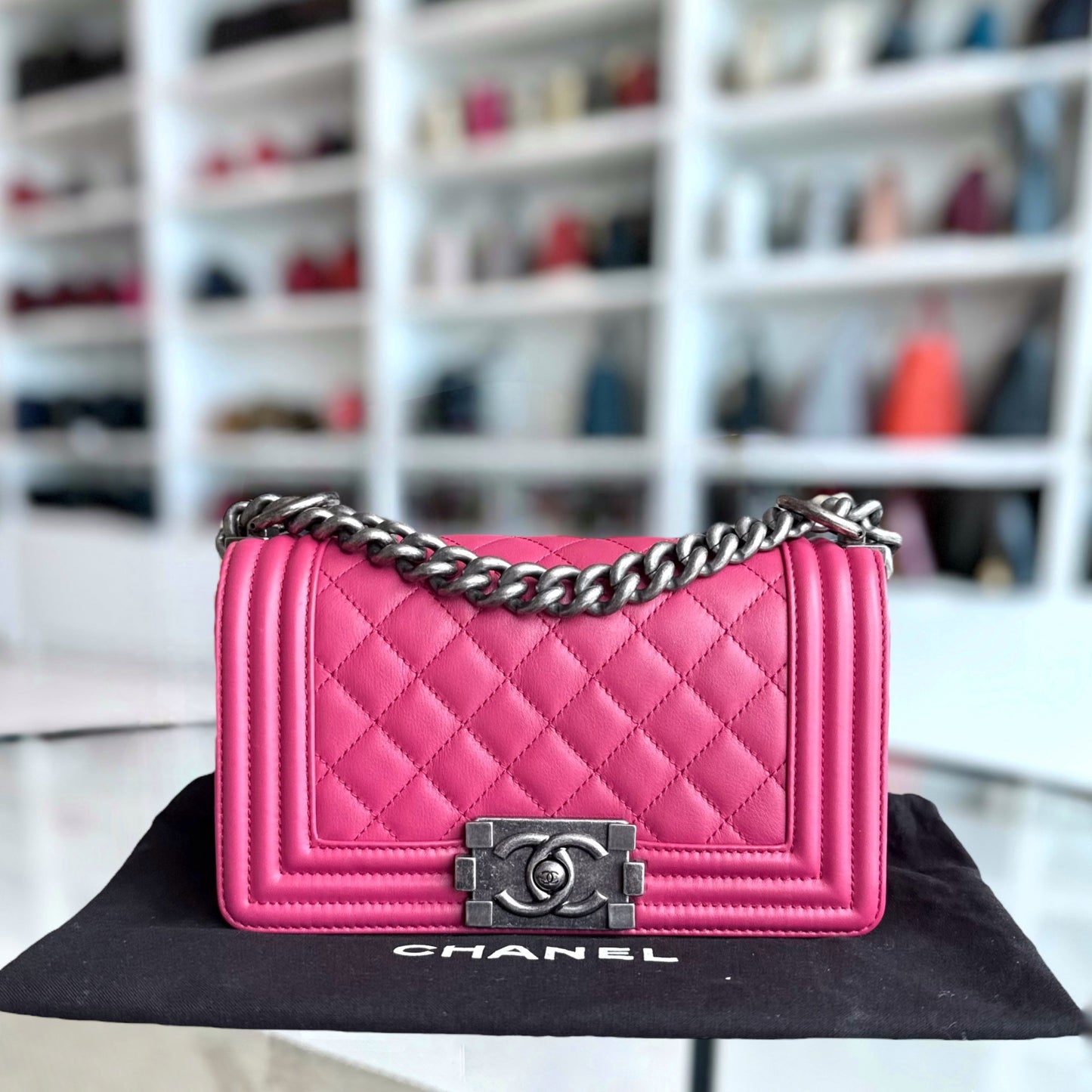 Chanel Boy Small - 20CM Quilted Calfskin Hot Pink Ruthenium Silver Hardware Series 26