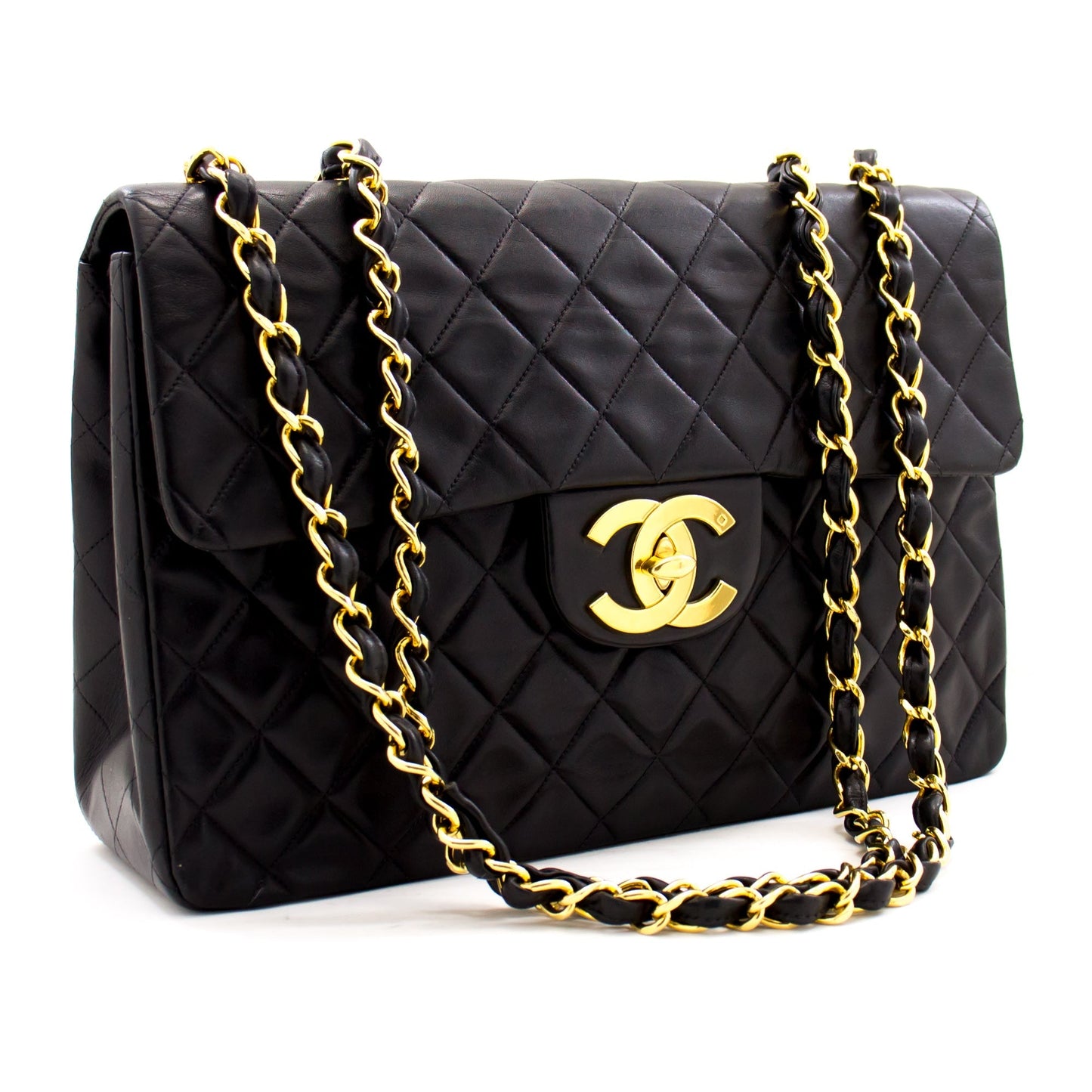 CHANEL Jumbo 13" Maxi 2.55 Flap Chain Shoulder Bag Black Lambskin