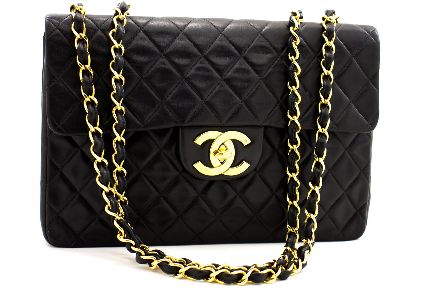 CHANEL Jumbo 13" Maxi 2.55 Flap Chain Shoulder Bag Black Lambskin