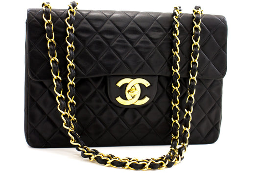 CHANEL Jumbo 13" Maxi 2.55 Flap Chain Shoulder Bag Black Lambskin
