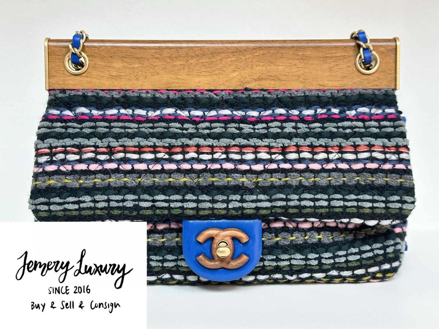 CHANEL Classic Flap Frame Knock on the Wood Tweed Shoulder Bag 2018 holo 2666