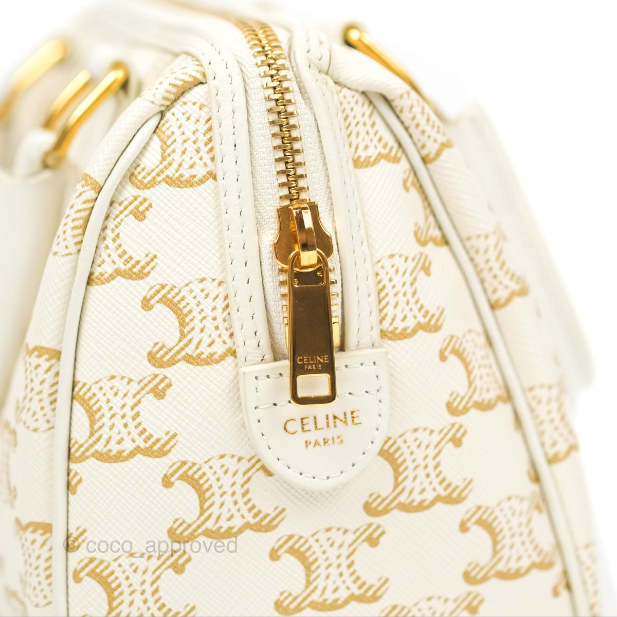 Celine Small Boston Bag White Triomphe Canvas Calfskin