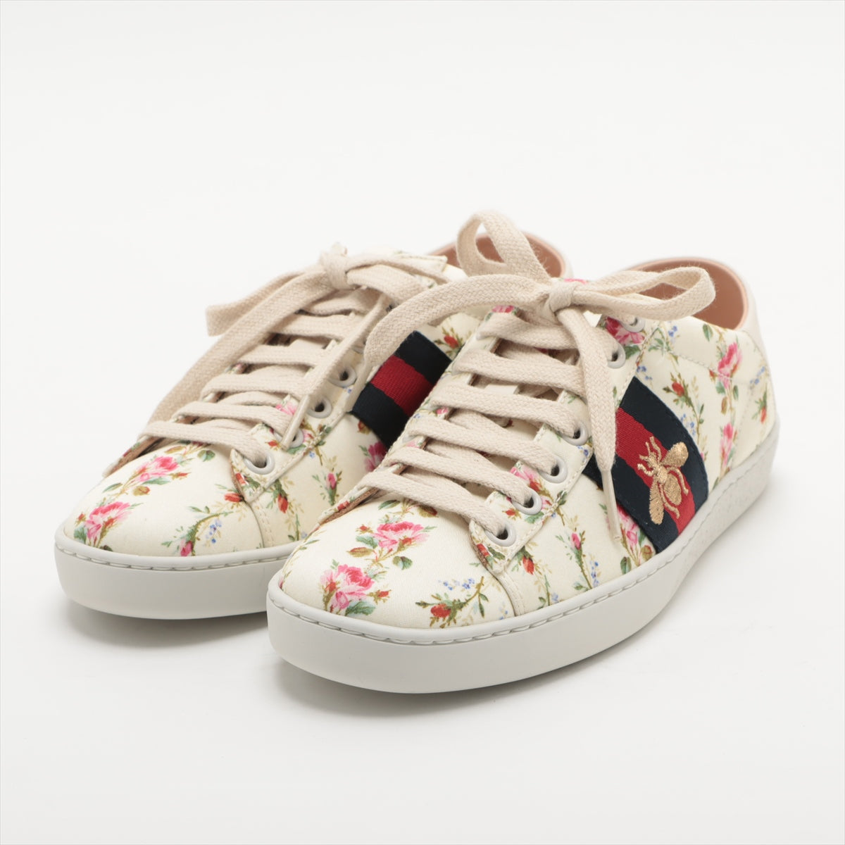 Gucci Ace Leather X Fabric Trainers 34  Multicolor 470011 Bee Embroidery Flower Tile