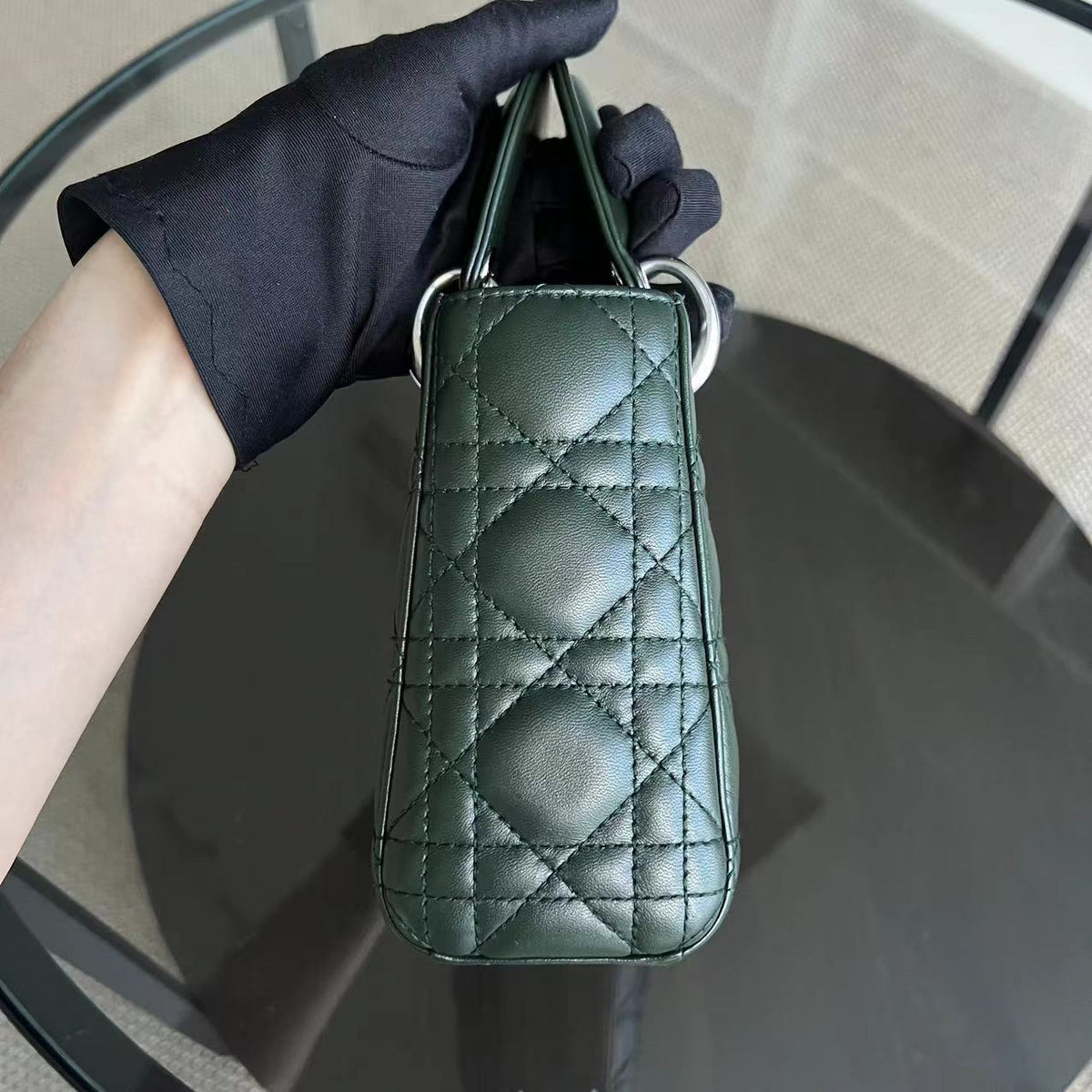 *Full set, Receipt* Lady Mini Lambskin Dark Green Silver Hardware Chain Strap