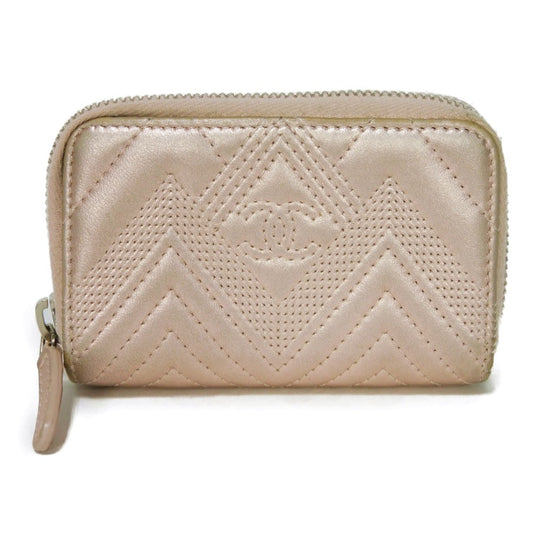 CHANEL Coin case A82535 lambskin Metallic light pink COCO Mark Chevron Zip Coin Purse Women Used