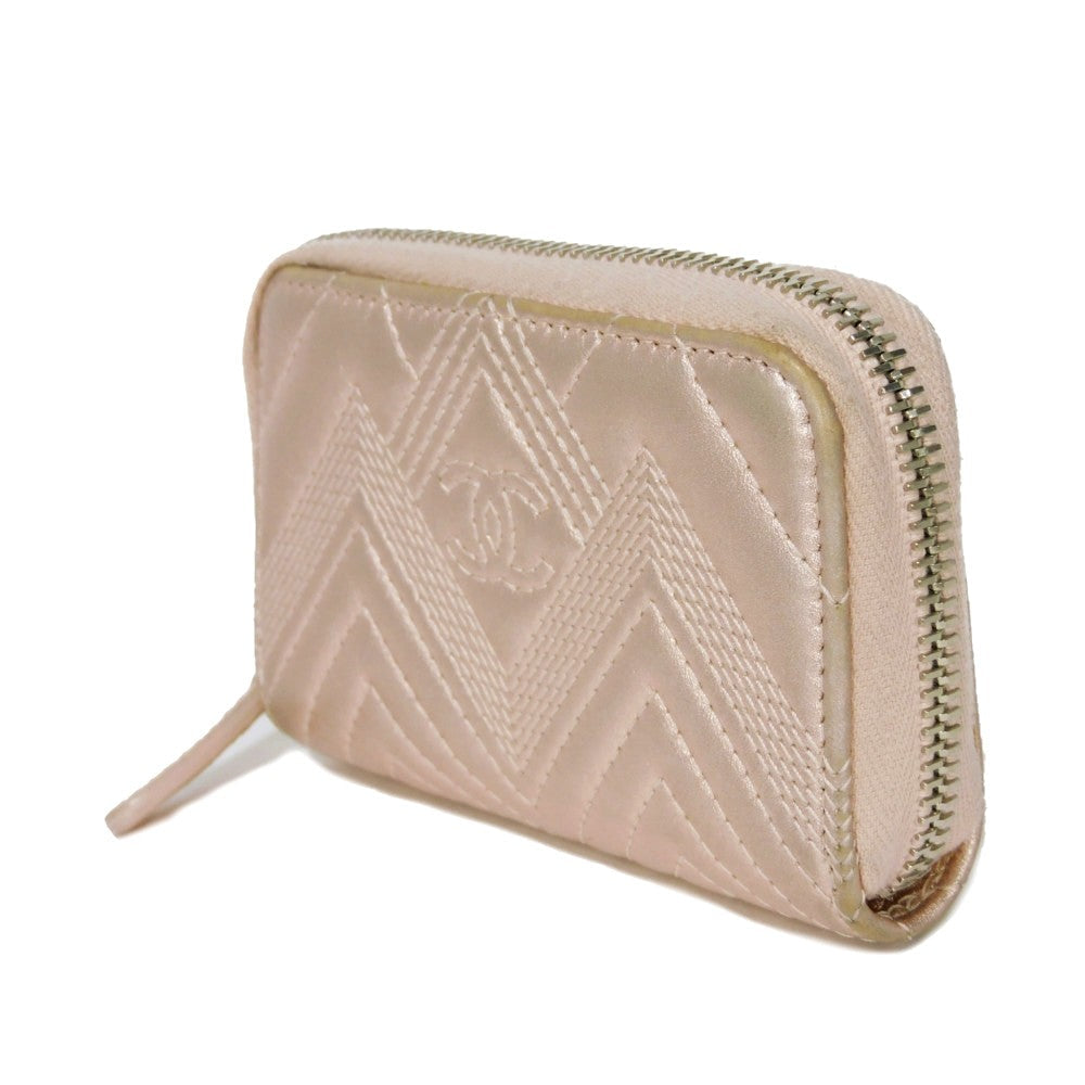 CHANEL Coin case A82535 lambskin Metallic light pink COCO Mark Chevron Zip Coin Purse Women Used