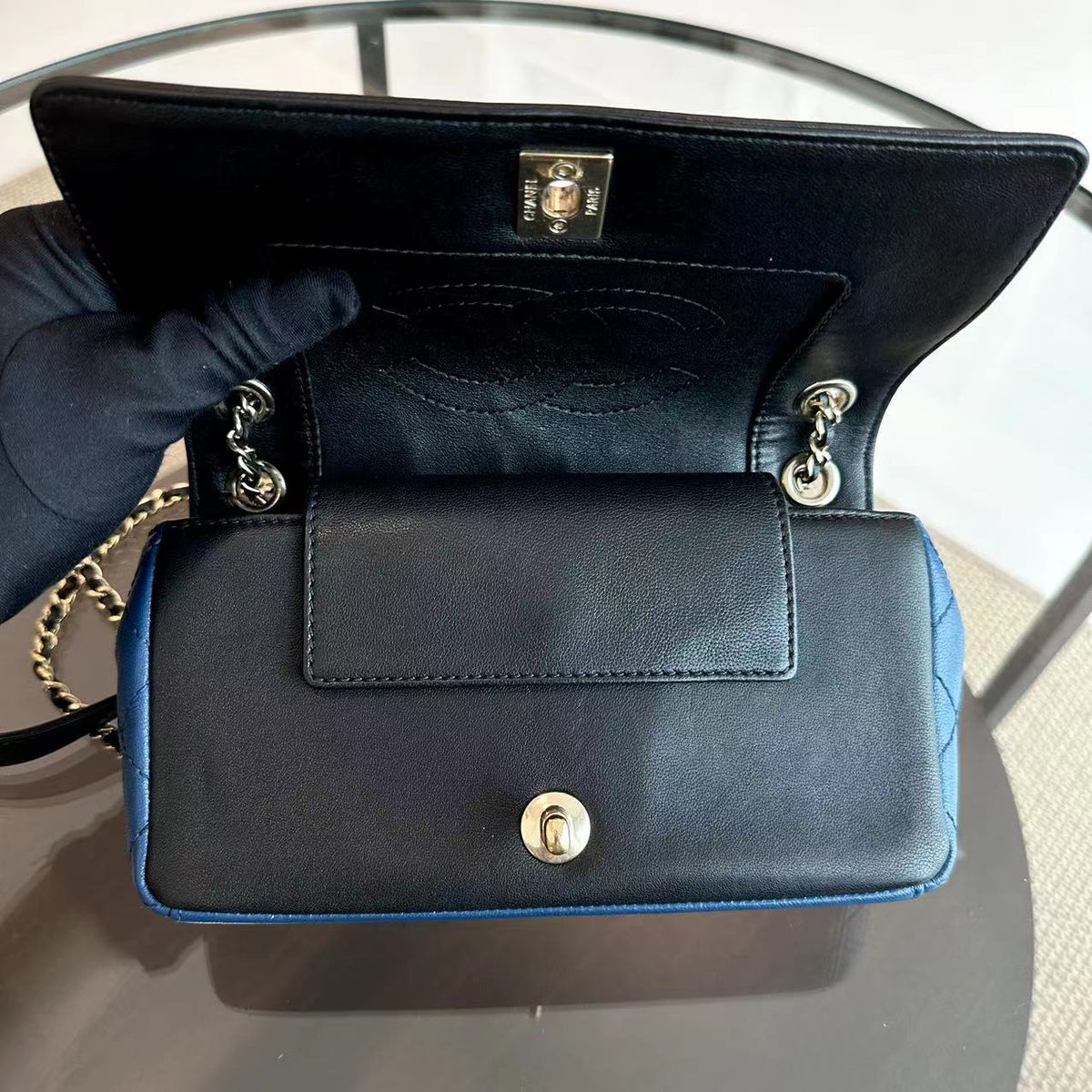 Chanel Seasonal Flap - Mademoiselle Small 20CM Calfskin Two-Tone Black Blue Golden Hardware Series 23