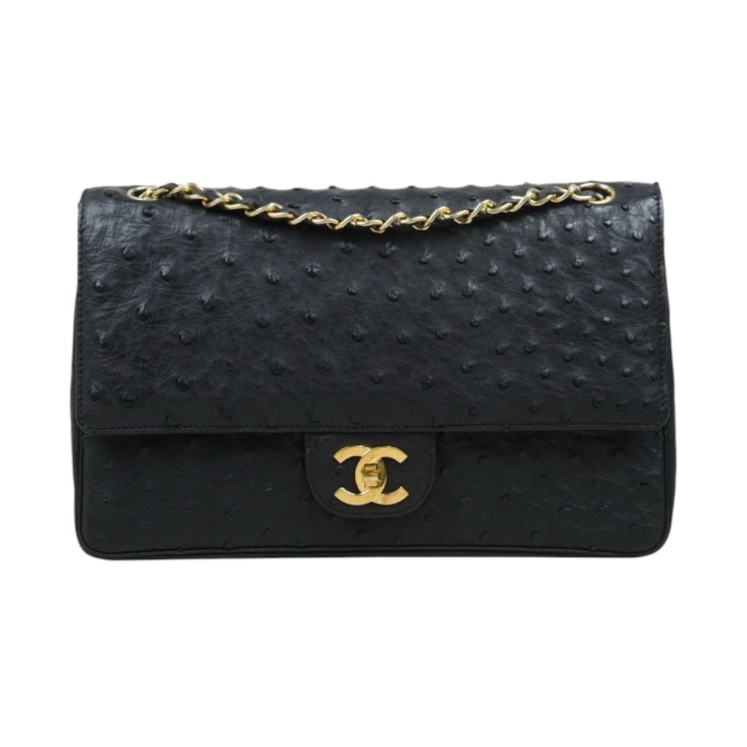 Good ( Rank AB)｜ CHANEL Ostrich Skin Double Flap 25 Chain Shoulder Bag Black Made In 1986 - 1988 Year｜25030704