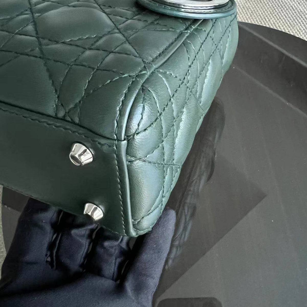 *Full set, Receipt* Lady Mini Lambskin Dark Green Silver Hardware Chain Strap