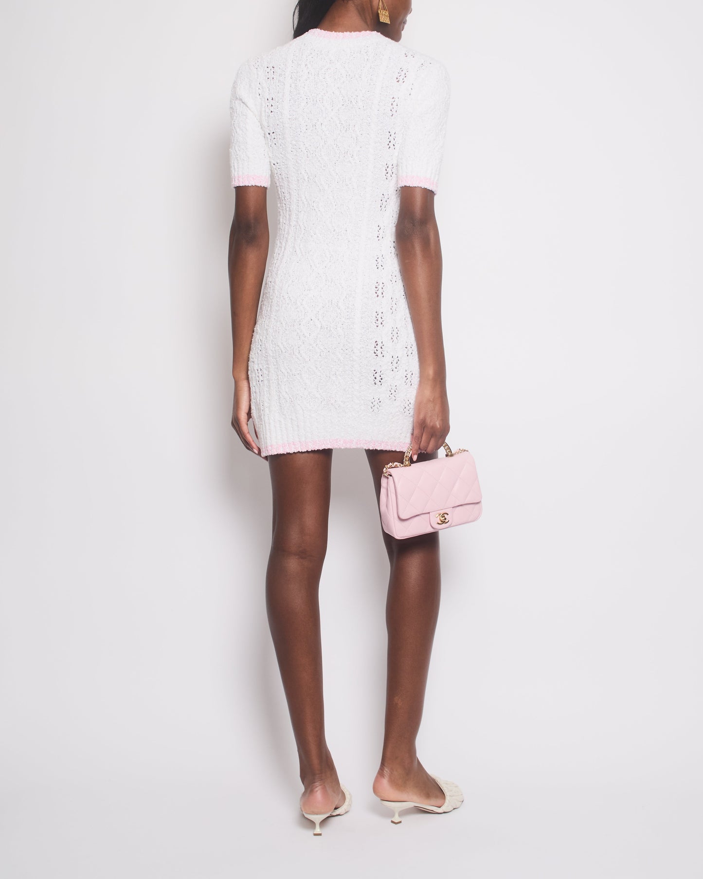 *HOT* Chanel 24P Cream Short Sleeve Knitted Mini Dress with CC Logo Buttons and Pink Hem Details Size FR 36 (UK 8)