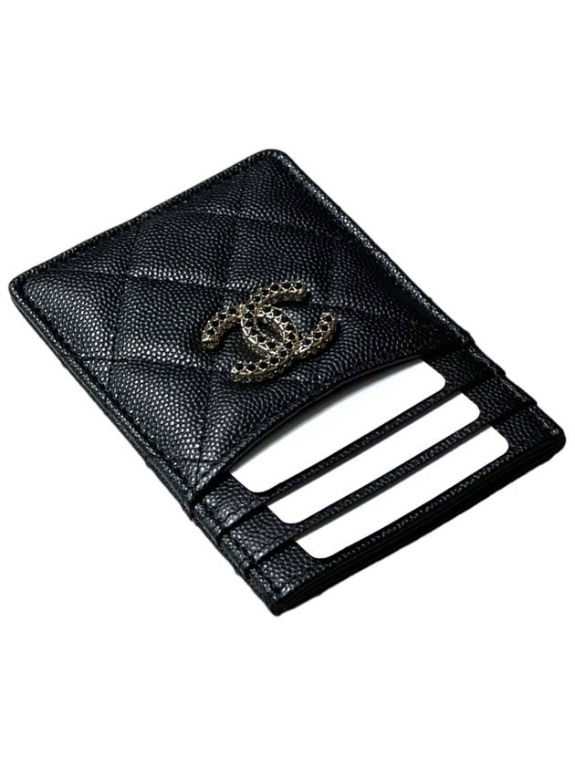 Strass CC Logo Caviar Leather Card Wallet Black Chanel