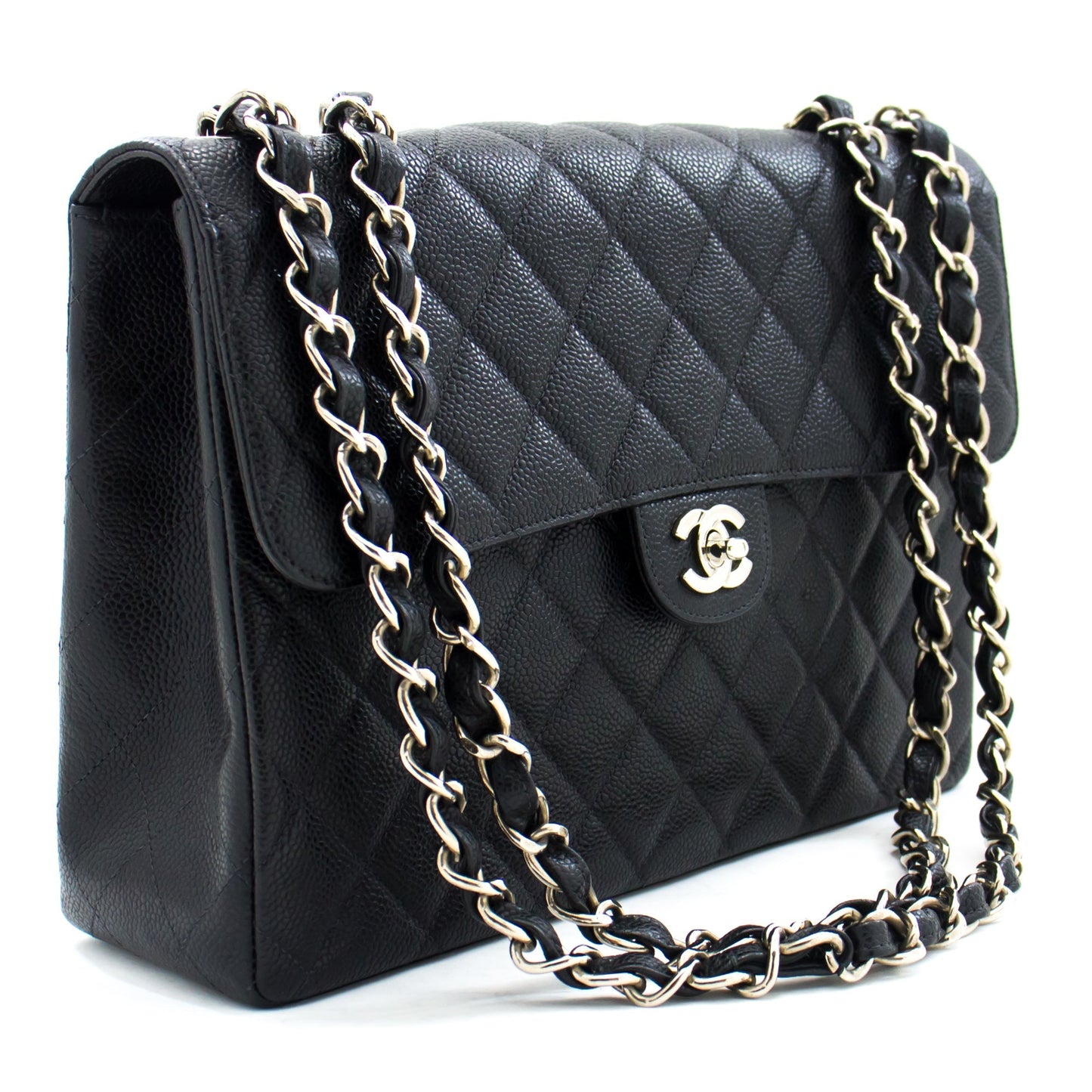 CHANEL Classic Large 11" Chain Shoulder Bag Black Grained Calfskin