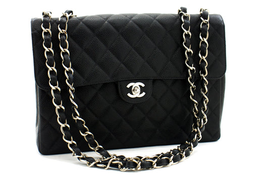 CHANEL Classic Large 11" Chain Shoulder Bag Black Grained Calfskin