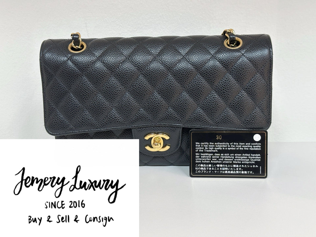 Chanel Medium Size Classic Quilted Caviar Double Flap Bag Black 3022 holo card