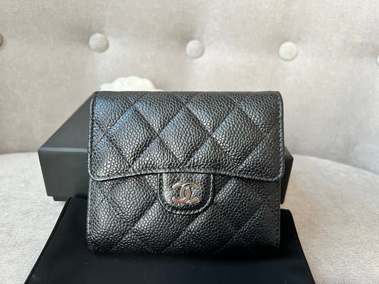 Chanel Black Caviar Classic Small Flap Wallet with Silver Hardware