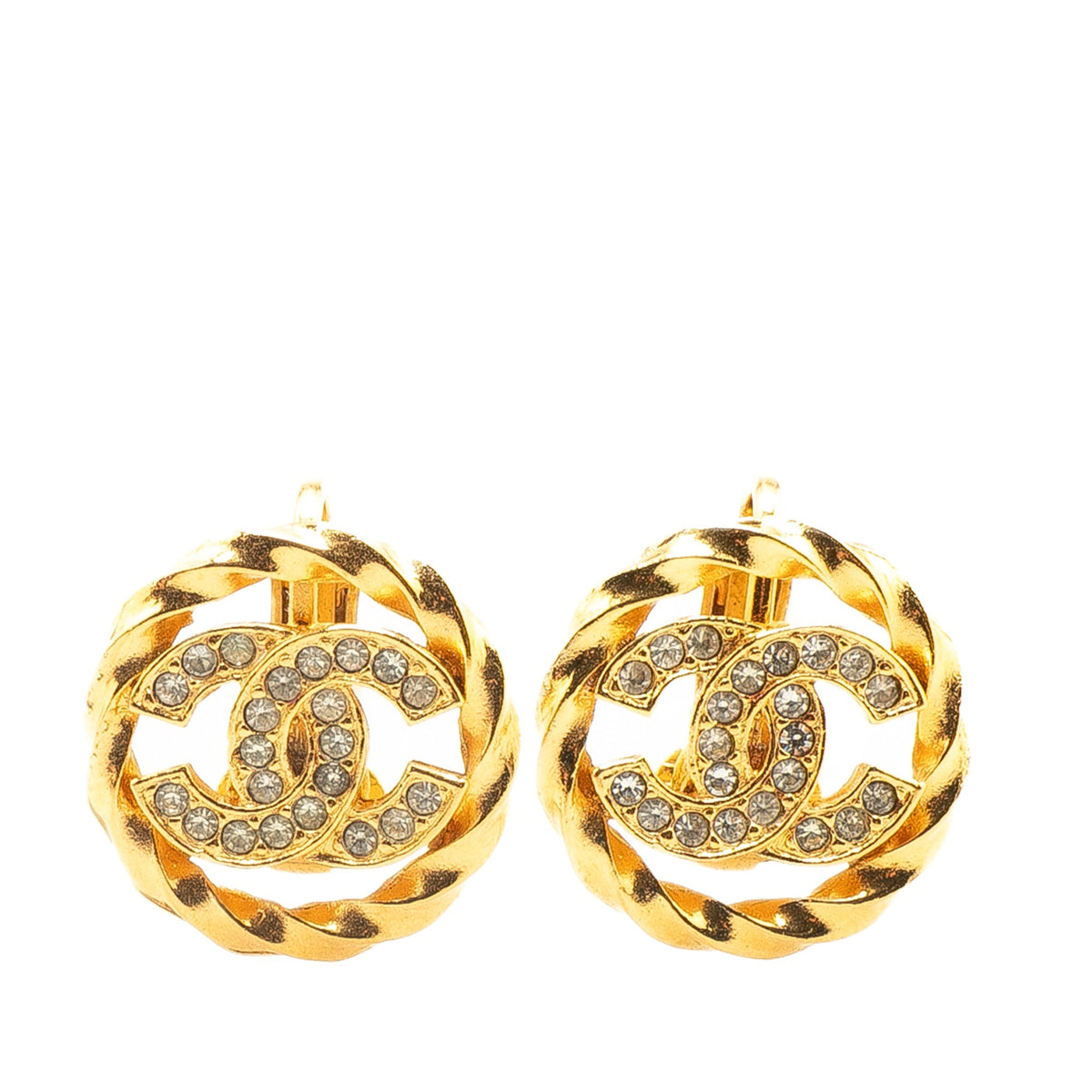 Gold Chanel Gold Plated CC Rhinestones Clip On Earrings