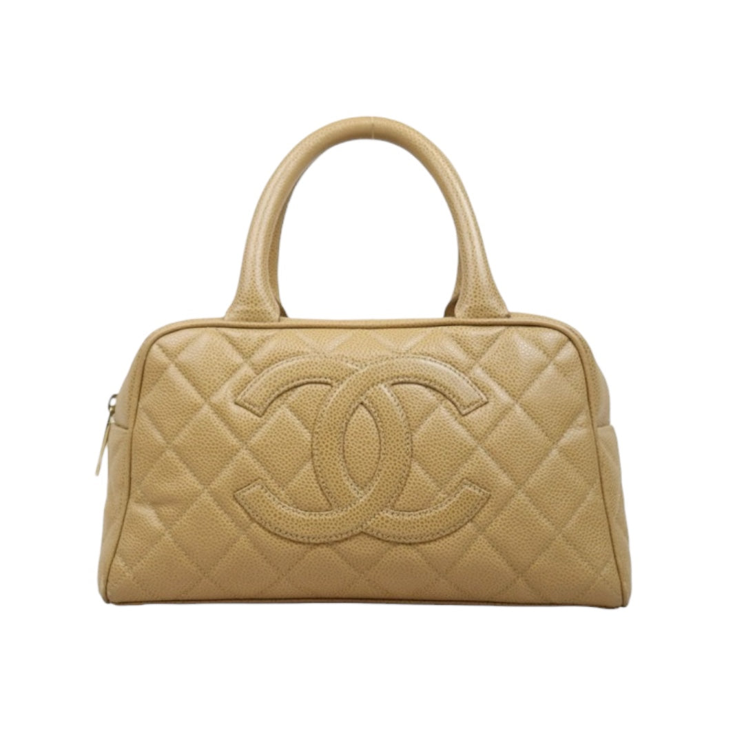 Good ( Rank AB)｜ CHANEL Caviar Skin Leather Calf Leather Bowling Hand Bag Beige Made In 2003～2004Year｜P25051601