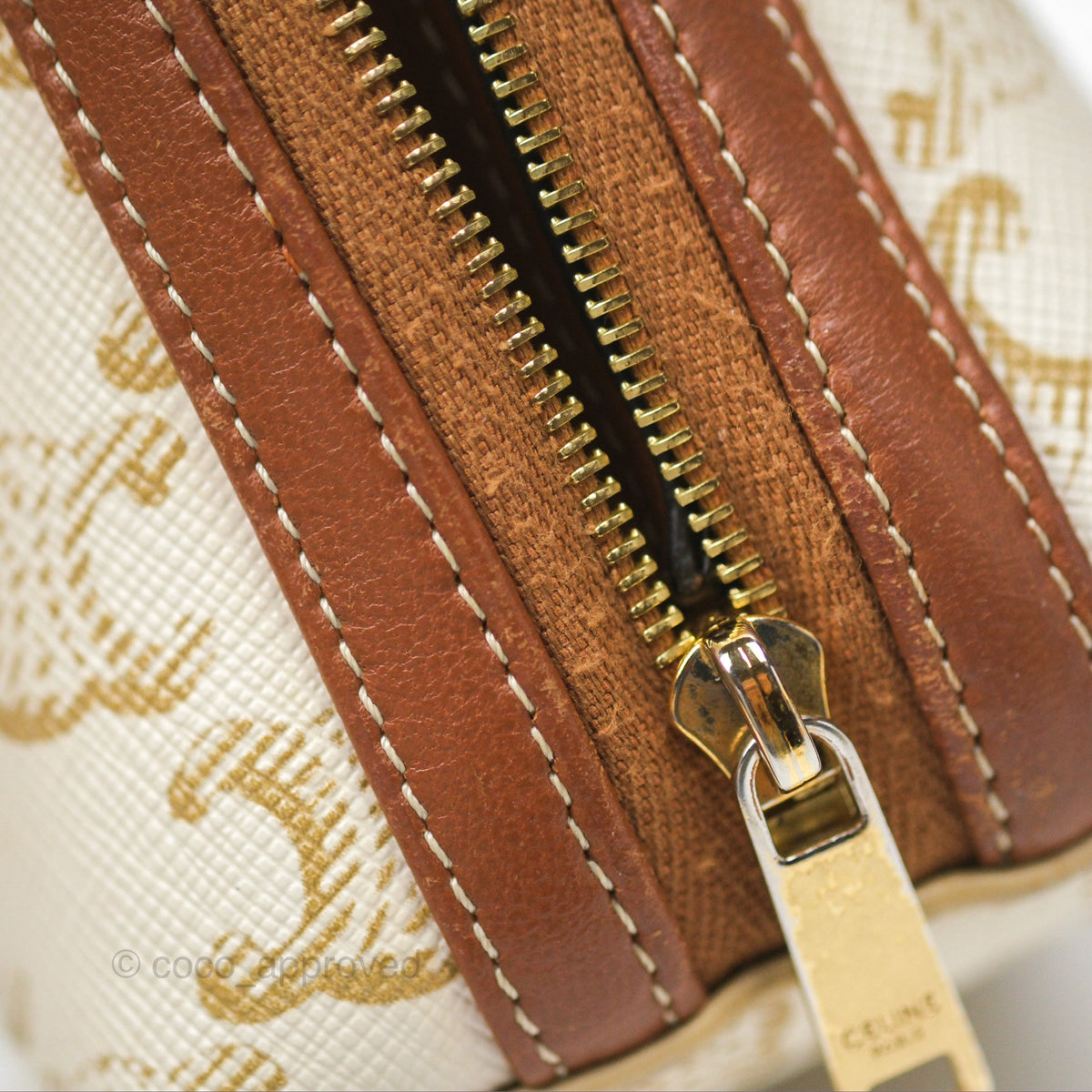 Celine Clutch With Chain Triomphe Canvas Lambskin White/Tan