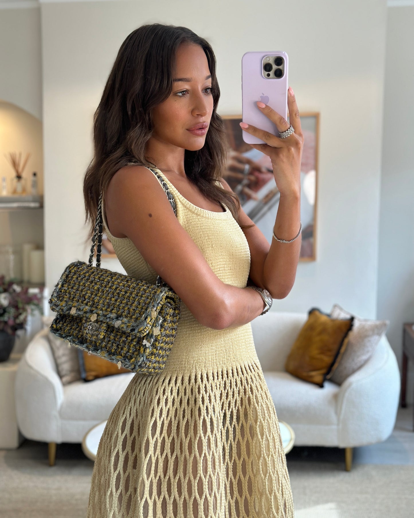 Chanel Grey, Yellow and Black Tweed Medium Classic Double Flap Bag with Silver Hardware and Champagne Charms RRP - £8,530