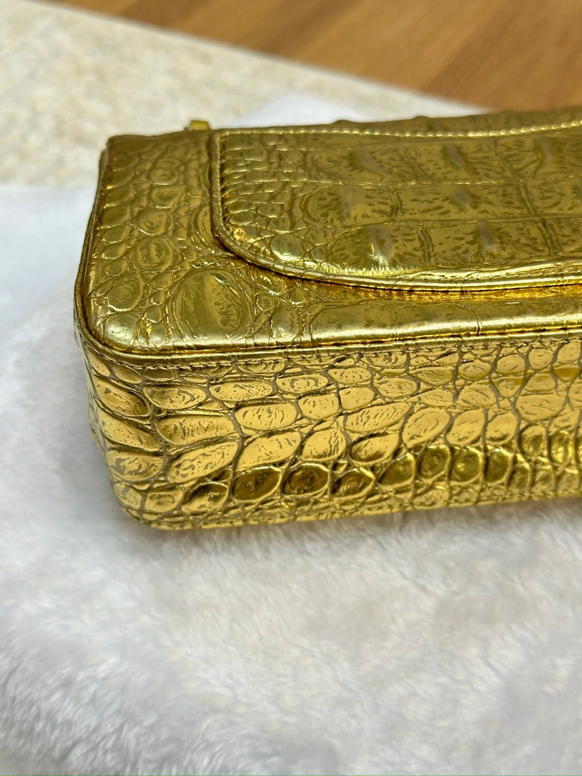 Chanel Medium  Calfskin Crocodile Embossed  Gold Metallic Flap Bag
