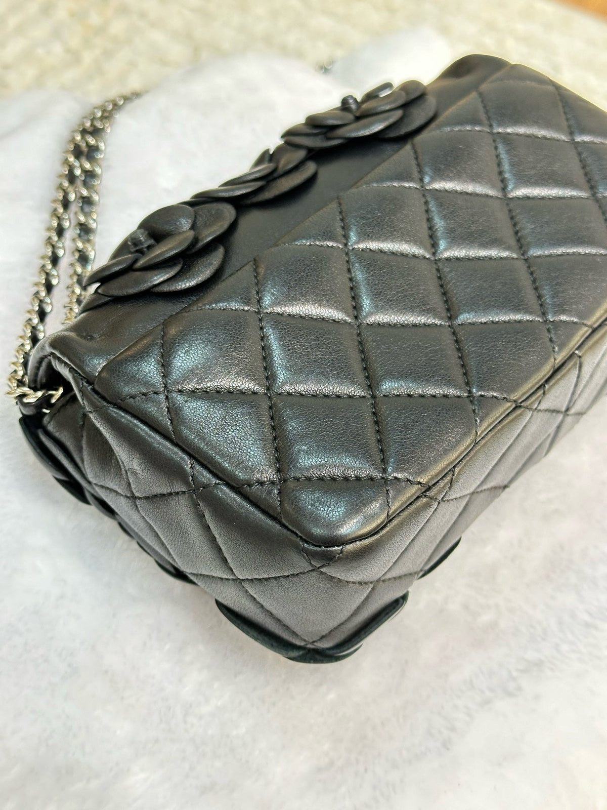 Chanel Mini Limited Edition Black Camellia  Lambskin Flap Bag
