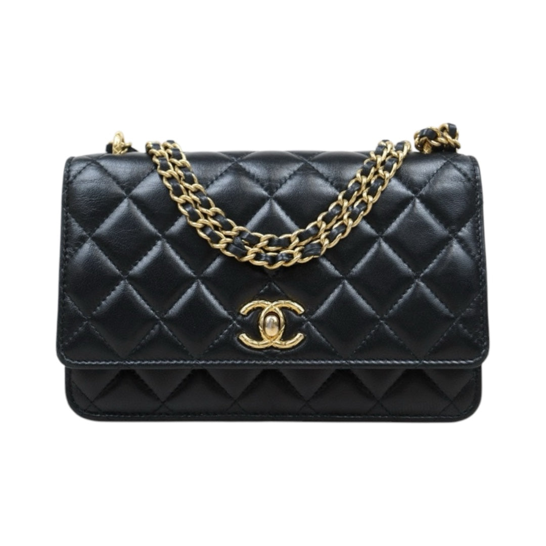 Good ( Rank AB)｜ CHANEL Matelasse Lamb Skin Chain Wallet Black Gold Hardware IC Chips Model ｜P25031402