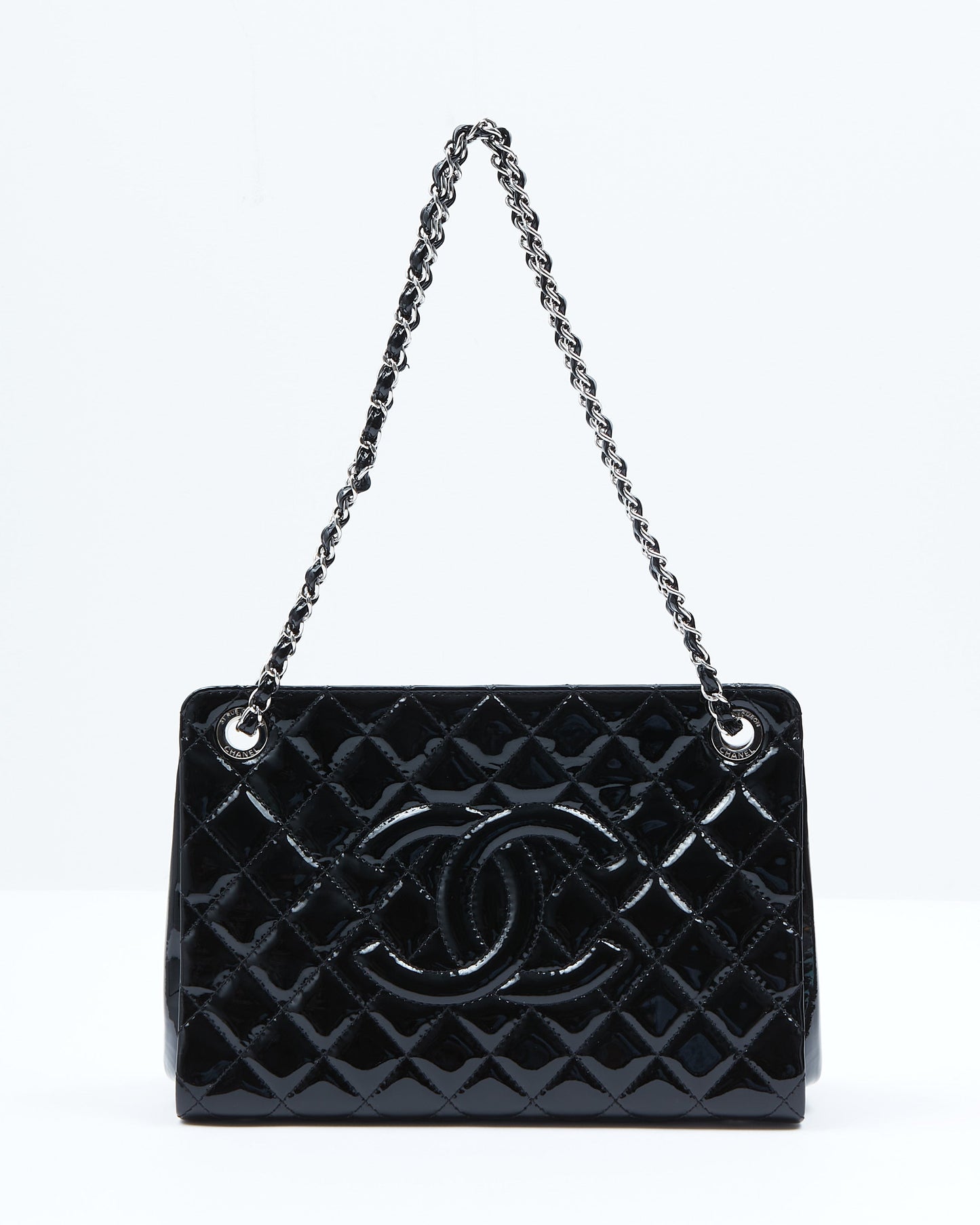 Chanel Black Patent Quilted CC Timeless Shopper Tote Chain Bag